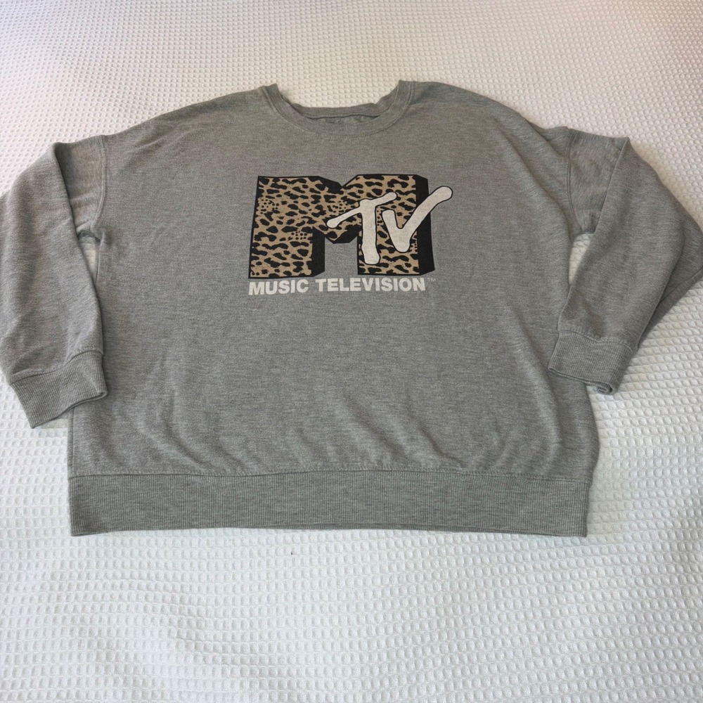 MTV Music Television Leopard Print Logo Grey Sweatshirt Womens Large Graphic Tee